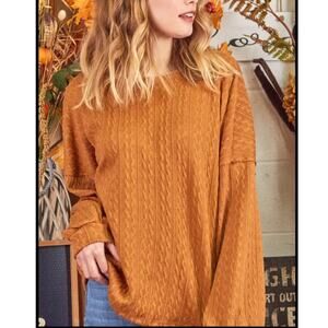 New P.S. Kate Textured Sweater Knit Top Long Sleeve Stretch Brown Size 2X